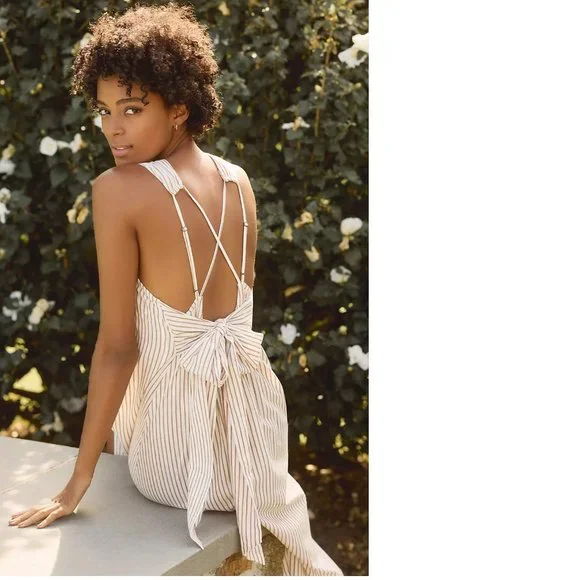 By Anthropologie Sleeveless Bow-Back Maxi Dress SIZE S new ivory stripes new nwt - Picture 2 of 7